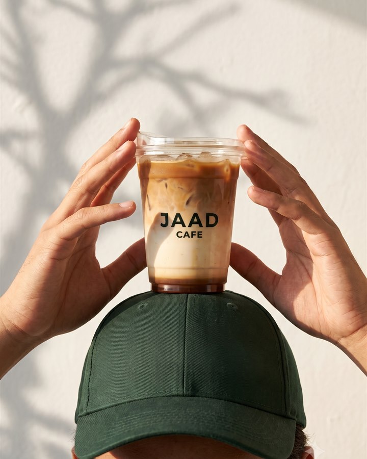 Es kopi susu Jaad Cafe di atas topi hijau