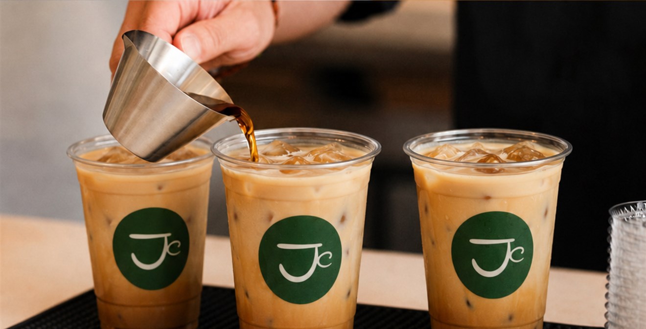 Espresso dituang ke es kopi susu Jaad Cafe