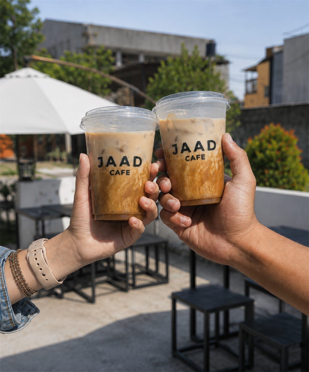 Dua pelanggan bersulang dengan kopi Jaad Cafe